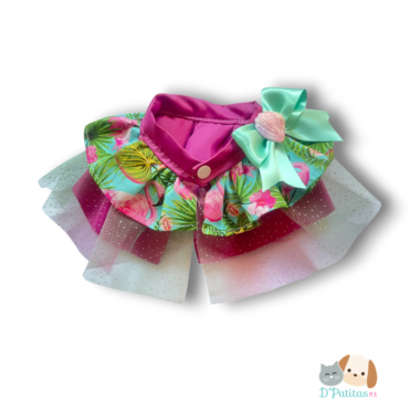 Cuellito para Perro y Gato  Pink Soiré con Olanes, Tul y Concha Tornasol | Flamingos y Palmeras D’Patitas Luxury Pet Fashion